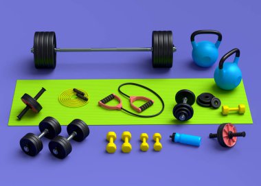 Yoga minderi, kettlebell, fitness topu ve menekşe arkaplanındaki akıllı saatler gibi spor ekipmanlarına farklı bir bakış açısı. Güç kaldırma ve zindelik kavramının 3 boyutlu canlandırması