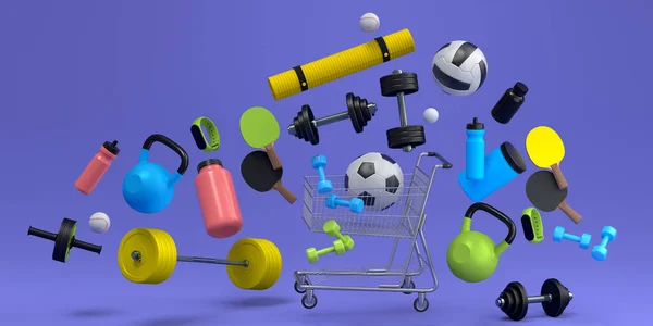 Sport equipment for fitness, gym, crossfit in shopping cart on violet background. 3d render of power lifting and fitness concept