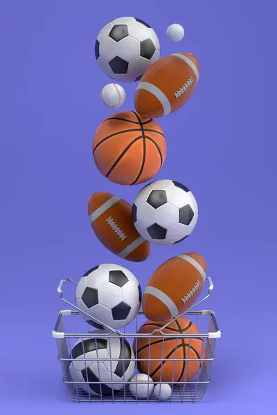 Set Ball Basketball American Football Golf Shopping Basket Violet Background — Fotografia de Stock