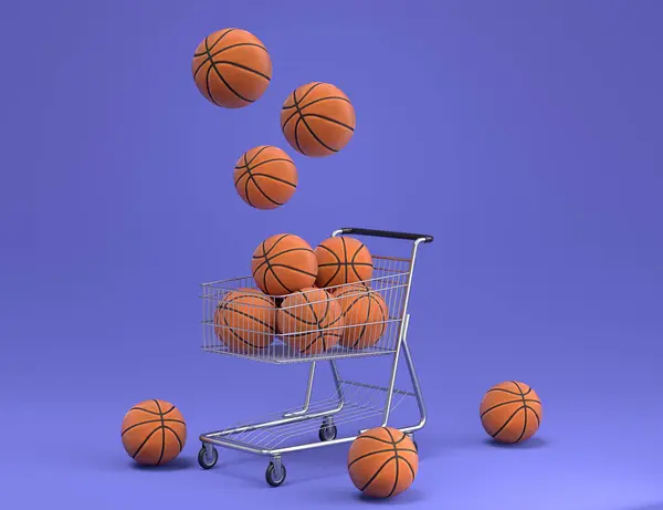Set of ball like basketball, american football and golf in shopping cart on violet background. 3d rendering of sport accessories for team playing games