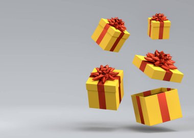 Kurdeleli hediye kutuları ve gri arka planda uçan ve düşen fiyonk. 3D karşılama tasarımı konsepti: Doğum günü, Mutlu Noeller, Kara Cuma, Yeni Yıl