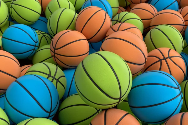Many of flying multicolor basketball ball falling on black background. 3d render of sport accessories for team playing games, exercise and competition