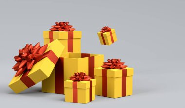 Kurdeleli hediye kutuları ve gri arka planda uçan ve düşen fiyonk. 3D karşılama tasarımı konsepti: Doğum günü, Mutlu Noeller, Kara Cuma, Yeni Yıl