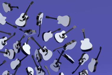 Birçok uçan akustik gitar menekşe arka planda izole edilmiştir. Müzik dükkanı için İspanyol gitarlı rock festivali posterinin 3D canlandırması