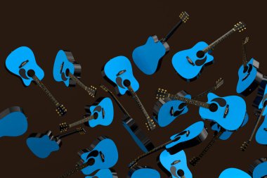 Birçok uçan akustik gitar karanlık arka planda izole edilmiştir. Müzik dükkanı için İspanyol gitarlı rock festivali posterinin 3D canlandırması