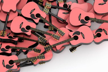 Beyaz arka planda izole edilmiş uçan akustik gitar yığını. Müzik dükkanı için İspanyol gitarlı rock festivali posterinin 3D canlandırması