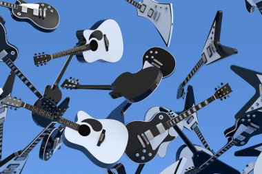 Uçan elektro gitarların çoğu mavi arka planda izole edilmiştir. Müzik dükkanı için İspanyol gitarlı rock festivali posterinin 3D canlandırması