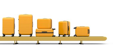 Havaalanı bagaj taşıma bandı, üretim hattı ya da bavulları beyaz arka planda olan bagaj teslim alanı. Seyahat tatil konseptinin 3D sunucusu.