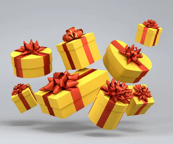 礼品盒上有彩带和蝴蝶结 飘扬在灰色的背景上 三维渲染问候设计的概念生日 圣诞快乐 黑色星期五 — 图库照片