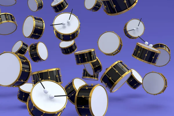 Veel Vliegende Drums Violette Achtergrond Renderen Concept Van Muzikale Percussie — Stockfoto