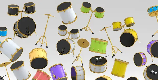 Mnoho Létajících Bubnů Kovovými Činely Bílém Pozadí Vykreslování Koncepce Hudebního — Stock fotografie
