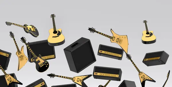 Muchas Las Guitarras Acústicas Voladoras Tambores Con Platillos Metal Batería —  Fotos de Stock