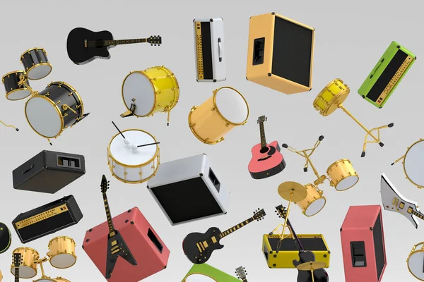 Many Flying Acoustic Guitars Drums Metal Cymbals Drumset Amplifier Isolated — Stock Photo, Image