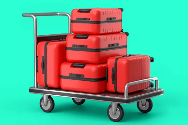 Regular polycarbonate suitcase on hotel trolley cart for carrying baggage on green background. 3d render travel concept of hotel service on vacation and luggage transportation