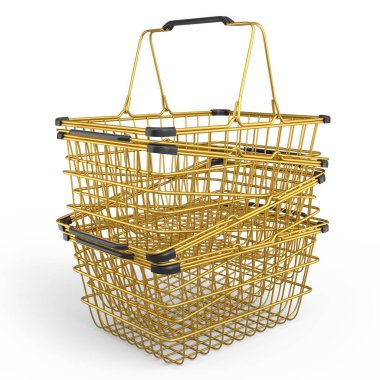 Stack of metalwire shopping basket from supermarket on white background. 3d render concept of online shopping andblack friday sale