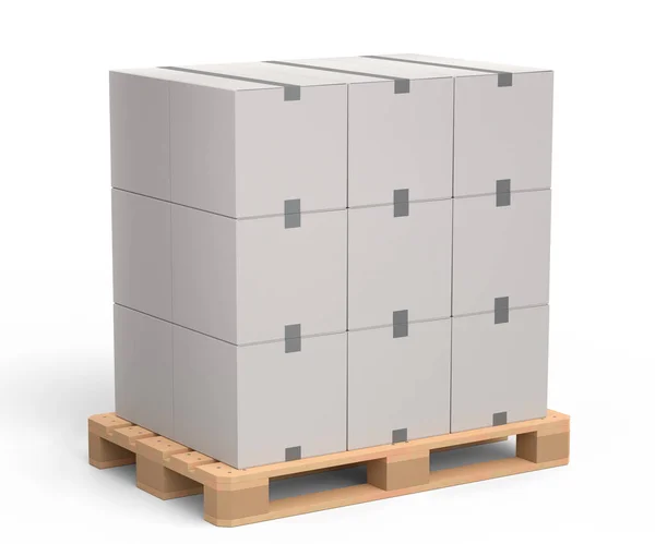 白い背景に段ボール箱付き倉庫貨物保管用木製パレットのセット 貨物の積込み及び輸送 貨物輸送 倉庫サービス機器のためのトレイの3Dレンダリング — ストック写真
