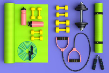 Yoga minderi, kettlebell, fitness topu ve menekşe arkaplanındaki akıllı saatler gibi spor ekipmanlarına farklı bir bakış açısı. Güç kaldırma ve zindelik kavramının 3 boyutlu canlandırması