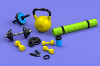 Yoga minderi, kettlebell, fitness topu ve menekşe arkaplanındaki akıllı saatler gibi spor ekipmanlarına farklı bir bakış açısı. Güç kaldırma ve zindelik kavramının 3 boyutlu canlandırması