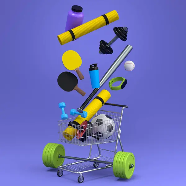 Sport equipment for fitness, gym, crossfit in shopping cart on violet background. 3d render of power lifting and fitness concept