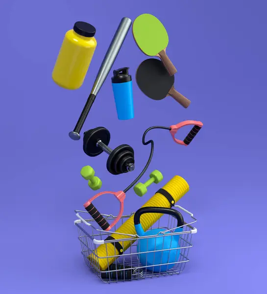 Sport equipment for fitness, gym, crossfit in shopping basket on violet background. 3d render of power lifting and fitness concept