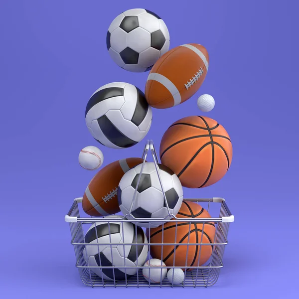 Комплект Мяч Баскетбол Американский Футбол Гольф Корзине Покупок Фиолетовом Фоне — стоковое фото
