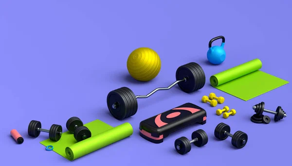 Isometrische Ansicht Von Sportgeräten Wie Yogamatte Kettlebell Fitnessball Und Smart — Stockfoto