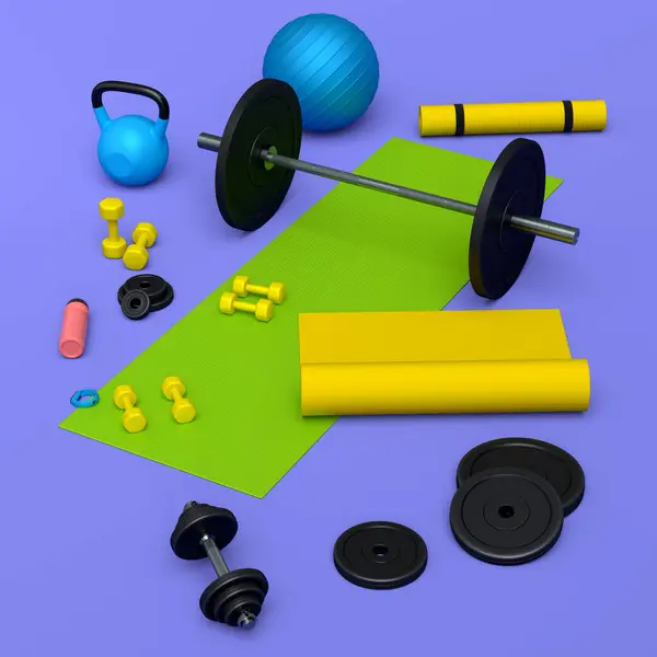 以紫罗兰为背景的瑜伽垫 健身球和智能手表等运动器材的等距视图 3D渲染动力升降概念 — 图库照片