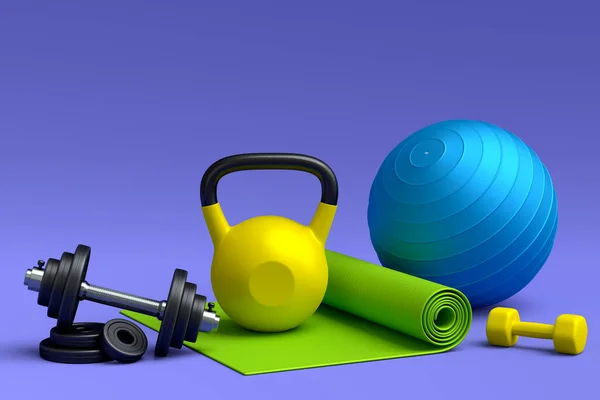 Vista Isométrica Equipos Deportivos Como Esterilla Yoga Kettlebell Pelota Fitness — Foto de Stock