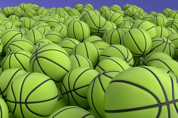 Багато Літаючих Зелених Баскетбольних Ячів Падають Фіолетовий Фон Візуалізація Спортивних — стокове фото