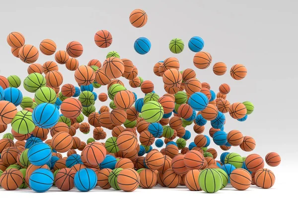 Many of flying multicolor basketball ball falling on white background. 3d render of sport accessories for team playing games, exercise and competition