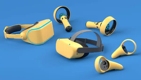 Top view virtual reality glasses and controllers for online and cloud gaming on blue background. 3D rendering of device for virtual design in augmented reality or virtual gaming in VR