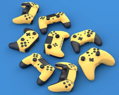 Mavi arkaplanlı oyun çubuğu ya da oyun bloknotu seti. Canlı yayın konsepti üst görünümü için 3d aksesuar hazırlama