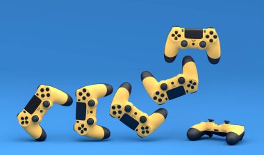 Mavi arka planda uçan oyun kumandaları ya da oyun platformları. Canlı yayın konsepti için 3D aksesuar hazırlama