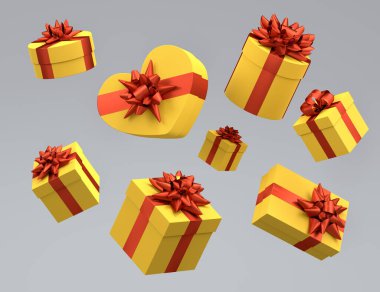 Kurdeleli hediye kutuları ve gri arka planda uçan ve düşen fiyonk. 3D karşılama tasarımı konsepti: Doğum günü, Mutlu Noeller, Kara Cuma, Yeni Yıl