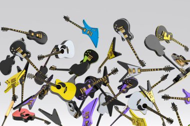 Birçok uçan akustik gitar beyaz arka planda izole edilmiştir. Müzik dükkanı için İspanyol gitarlı rock festivali posterinin 3D canlandırması