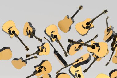 Birçok uçan akustik gitar beyaz arka planda izole edilmiştir. Müzik dükkanı için İspanyol gitarlı rock festivali posterinin 3D canlandırması