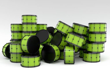 Beyaz arka planda duran davul yığını. 3D render müzik perküsyon enstrümanı, davul makinesi ve bateri seti