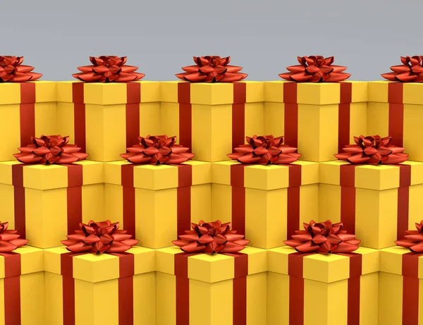 礼品盒上有彩带和蝴蝶结 飘扬在灰色的背景上 三维渲染问候设计的概念生日 圣诞快乐 黑色星期五 — 图库照片