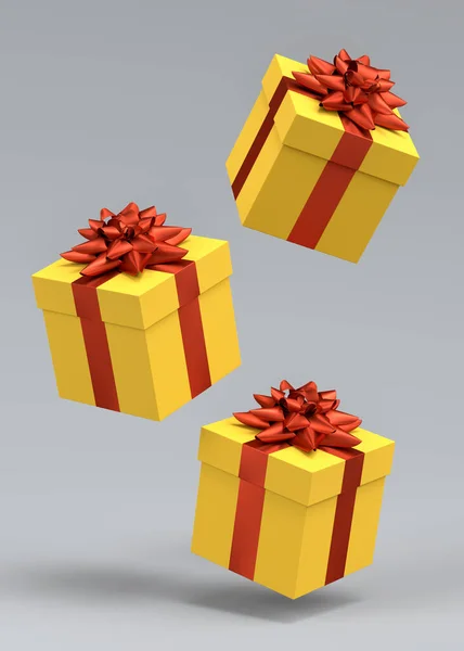リボンとボウが飛び 灰色の背景に落ちるギフトボックス 3Dレンダリングデザイン誕生日 メリークリスマス ブラックフライデー — ストック写真