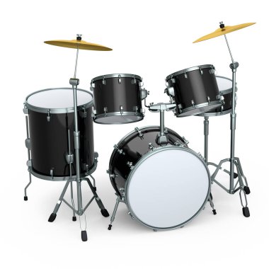 Beyaz arka planda metal zilleri olan gerçekçi davullar. 3D render müzik perküsyon enstrümanı, davul makinesi ve bateri seti
