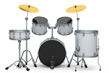 Beyaz arka planda metal zilleri olan gerçekçi davullar. 3D render müzik perküsyon enstrümanı, davul makinesi ve bateri seti