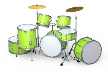 Beyaz arka planda metal zilleri olan gerçekçi davullar. 3D render müzik perküsyon enstrümanı, davul makinesi ve bateri seti