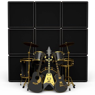 Metal zilli, bateri seti, amplifikatör ve akustik gitarlı gerçekçi davullar. 3D render müzik perküsyon enstrümanı, davul makinesi ve bateri seti