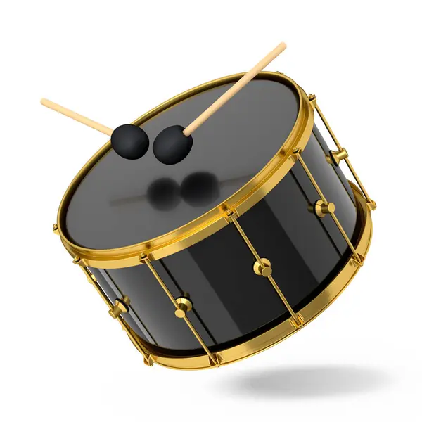 白い背景にリアルなドラムと木製のドラムスティック ドラムマシンの3Dレンダリングコンセプト — ストック写真