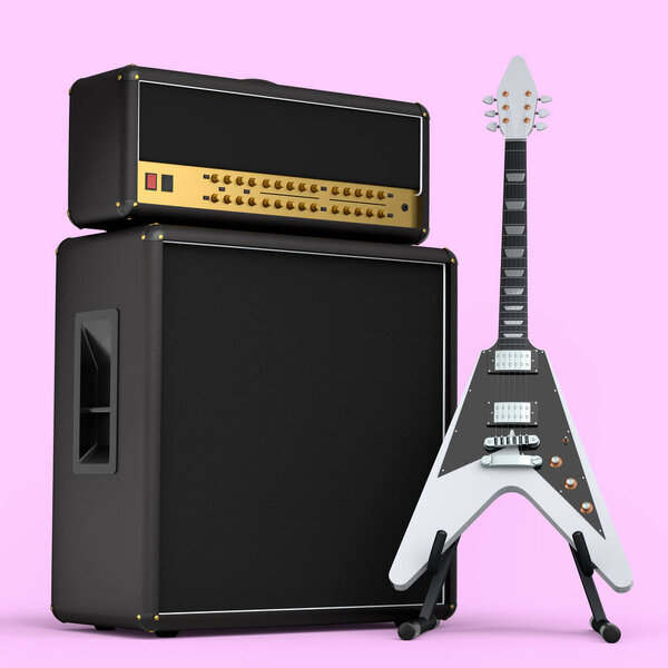 Classical amplifier with electric or acoustic guitar on stand isolated on pink background. 3d render of amplifier for recording bass guitar in studio or rehearsal room, concept for rock festival poste