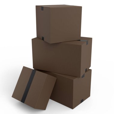 Beyaz arka planda izole edilmiş karton kutular ya da karton hediye kutusu. 3D ekspres teslimat kavramı depo, paket taşımak ve çevrimiçi alışveriş