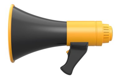 Beyaz arka planda megafon izole edilmiş. 3D alışveriş ve reklam fikri, işe alım kavramı