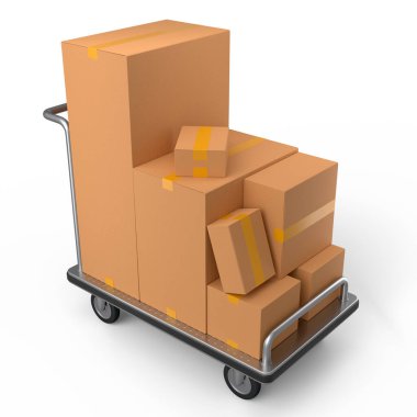 Havaalanı bagaj vagonu ya da bagaj vagonu tarafında yığınla karton kutu ya da beyaz arka planda karton kutu. Havaalanı veya depo servisinin 3d oluşturma ögesi