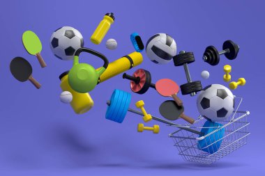 Sport equipment for fitness, gym, crossfit in shopping basket on violet background. 3d render of power lifting and fitness concept