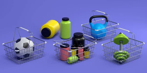 Sport Equipment Fitness Gym Crossfit Shopping Basket Violet Background Render — Stock Fotó